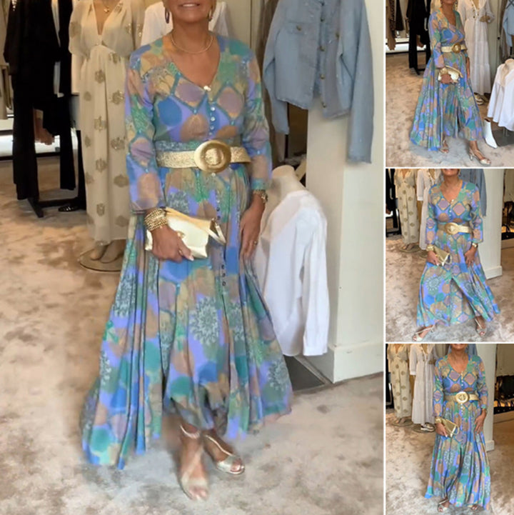 Women’s patterned maxi dress with full button placket, V-neck, long sleeves, and pleated skirt StylebySassy