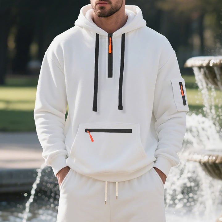 Men's half-zip hoodie with sealed zippers, kangaroo zip pocket, and arm pocket StylebySassy