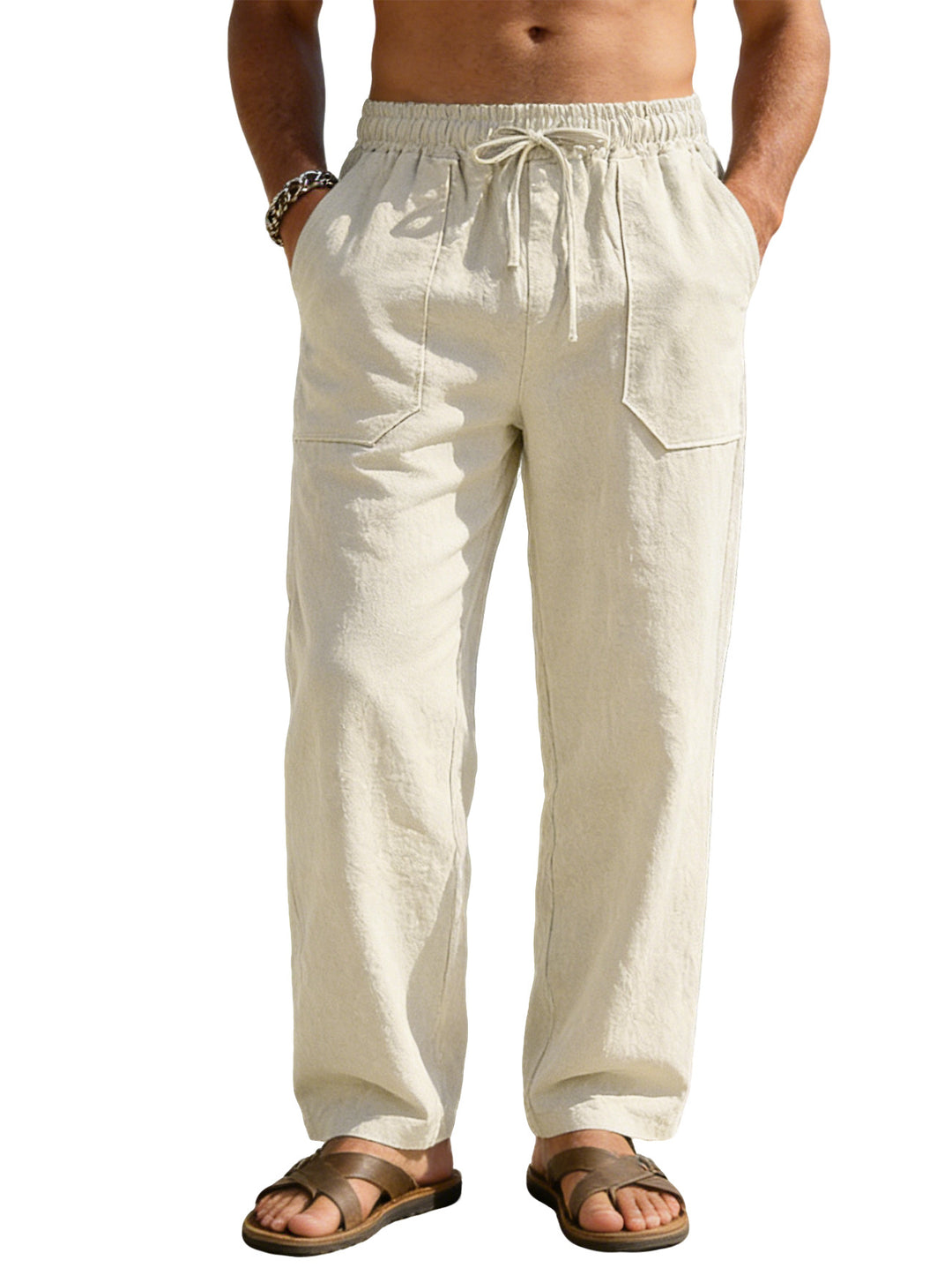 Men's wide Relaxed pants made of linen blend with drawstring waistband and patch leg pockets StylebySassy