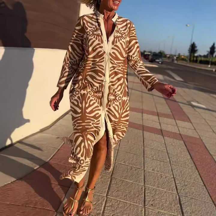 Women's long shirt dress with stand-up collar, concealed button placket and side slit StylebySassy