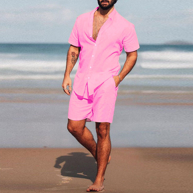 Men's two-piece summer leisure ensemble with open shirt collar and loose knee-length shorts StylebySassy