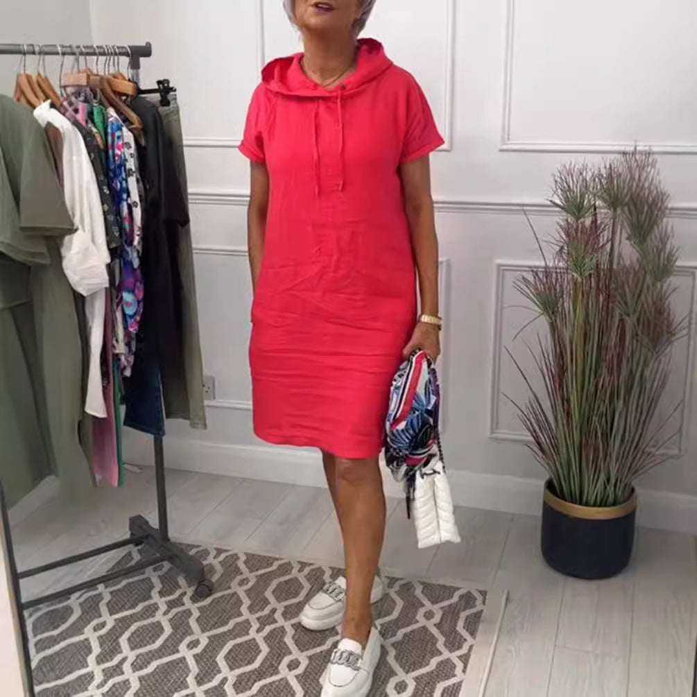 Women's casual hooded midi dress with short sleeves and straight relaxed fit StylebySassy