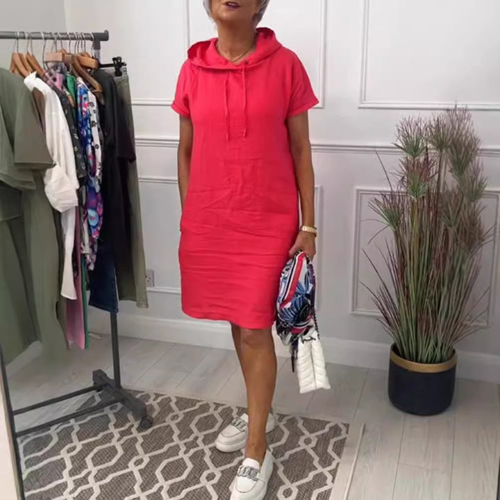Women's casual hooded midi dress with short sleeves and straight relaxed fit StylebySassy