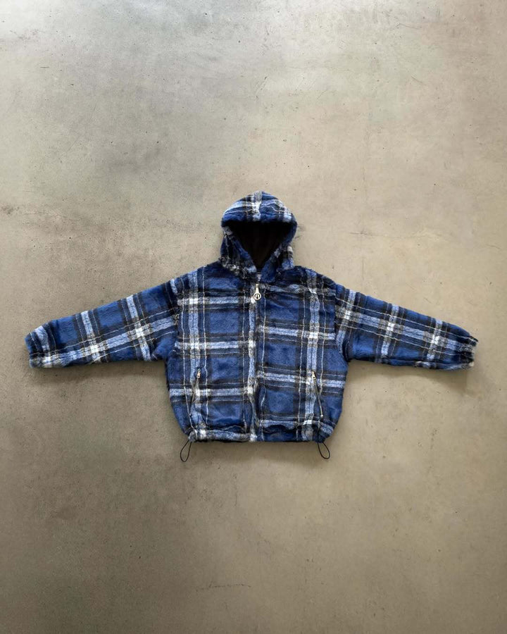 Unisex non-padded plaid fleece bomber jacket with hood drawstring and zippered pockets StylebySassy