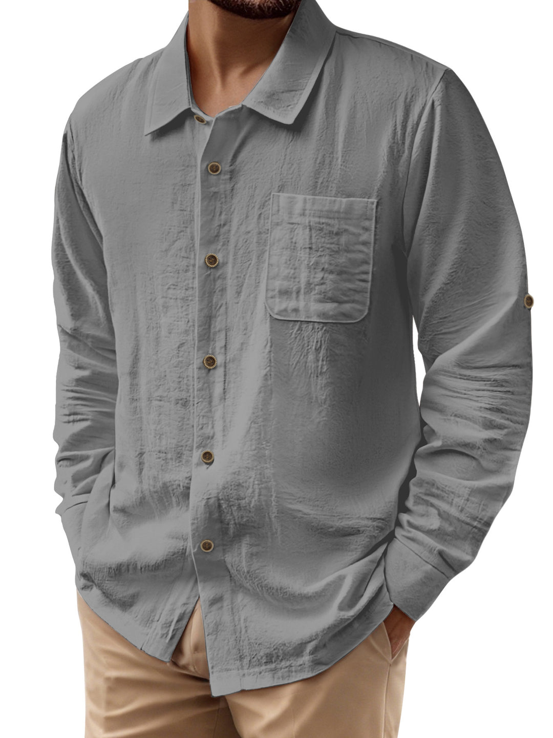Men's casual long-sleeve shirt with Kent collar, chest pocket, and sleeve strap StylebySassy