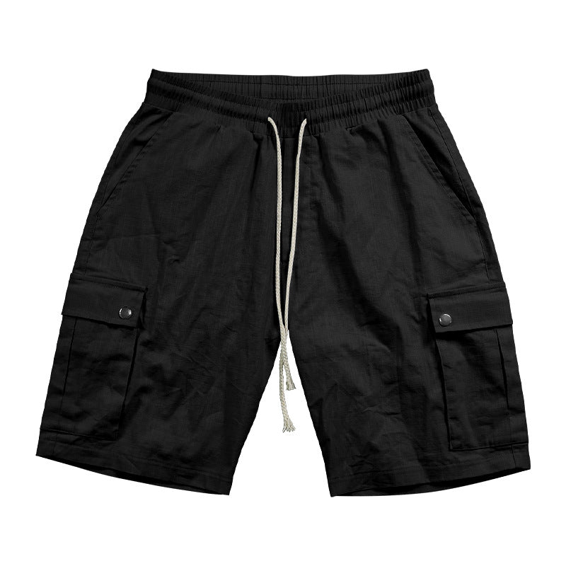 Men's urban cargo Bermuda shorts made of linen-cotton blend with elastic drawstring waistband and snap-flap pockets StylebySassy