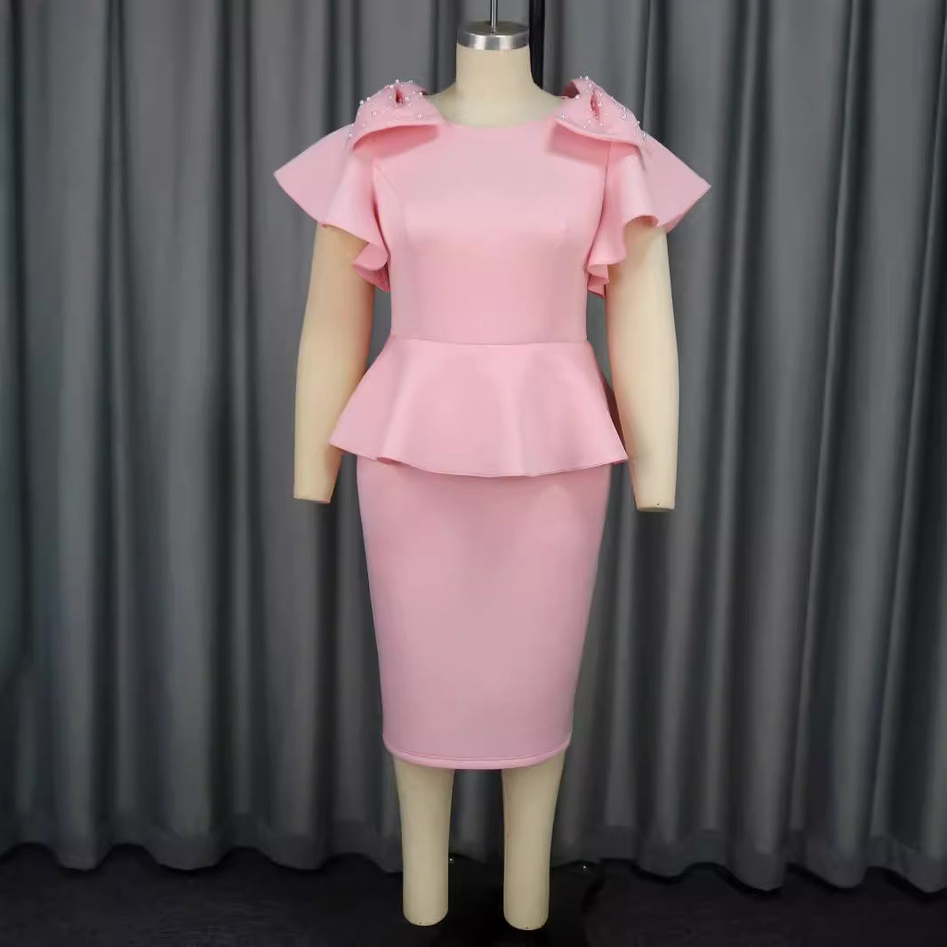 Women's Elegant Dress with Voluminous Ruffle Hems and Pearl Accents StylebySassy