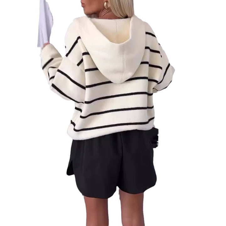 Women's oversized knitted cardigan with hood, wide stripes and gold-colored snap buttons StylebySassy