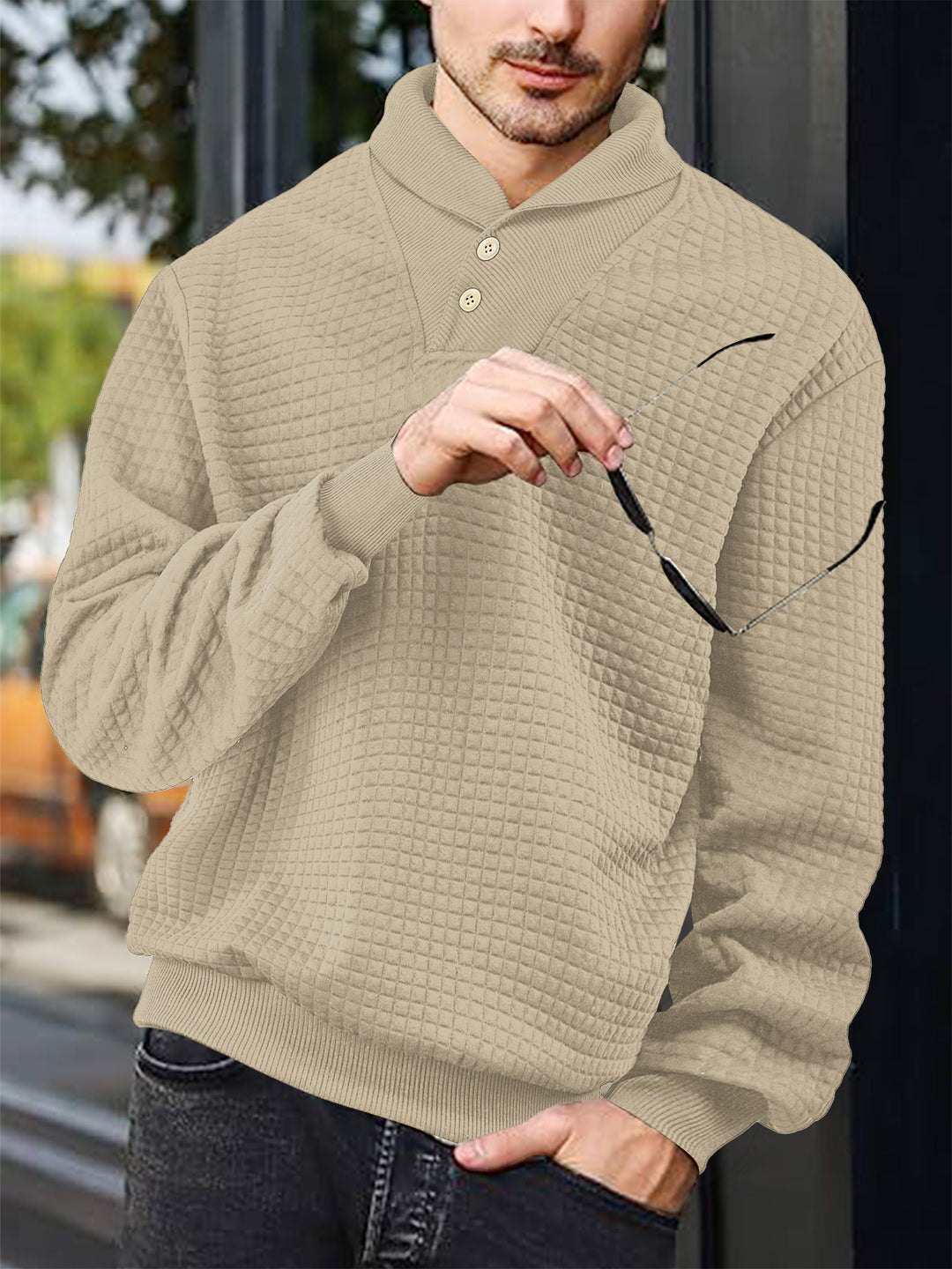 Men's elegant knitted pullover with shawl collar, button placket at neckline and check waffle texture StylebySassy