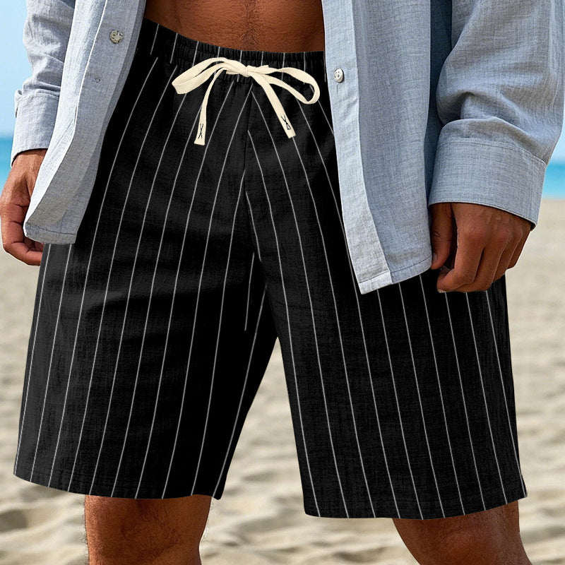 Men's relaxed beach Bermuda shorts with fine pinstripe structure, elastic drawstring waistband, and side slip pockets StylebySassy
