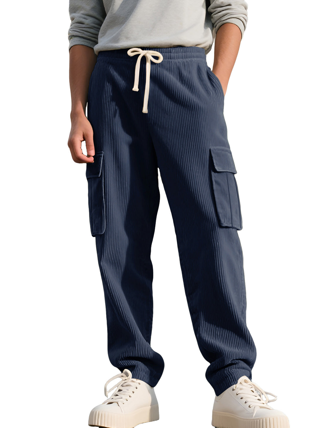 Men's casual utility cargo joggers with vertical ribbed structure, drawstring waistband, and large flap pockets StylebySassy