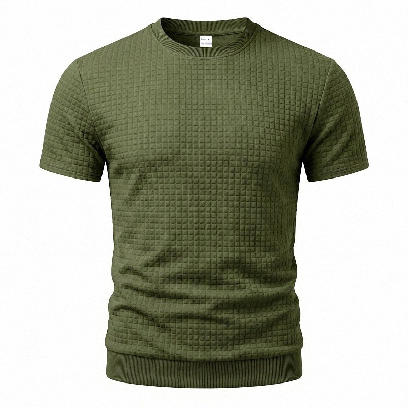 Men's short-sleeved knit shirt with embossed check structure, round neckline, and ribbed hem StylebySassy