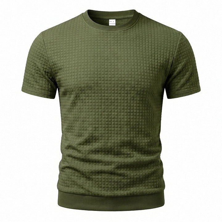 Men's short-sleeved knit shirt with embossed check structure, round neckline, and ribbed hem StylebySassy
