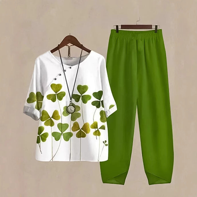 Women's two-piece casual ensemble with clover print tunic and elastic comfort waistband pants StylebySassy