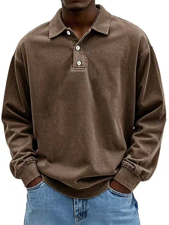 Men's casual polo shirt sweatshirt with collar, vintage wash and three-piece button placket StylebySassy