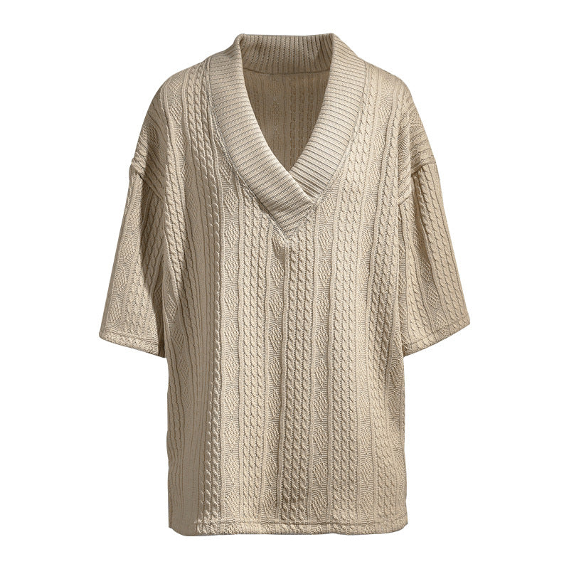 Ladies knit pullover with shawl collar and cable pattern StylebySassy