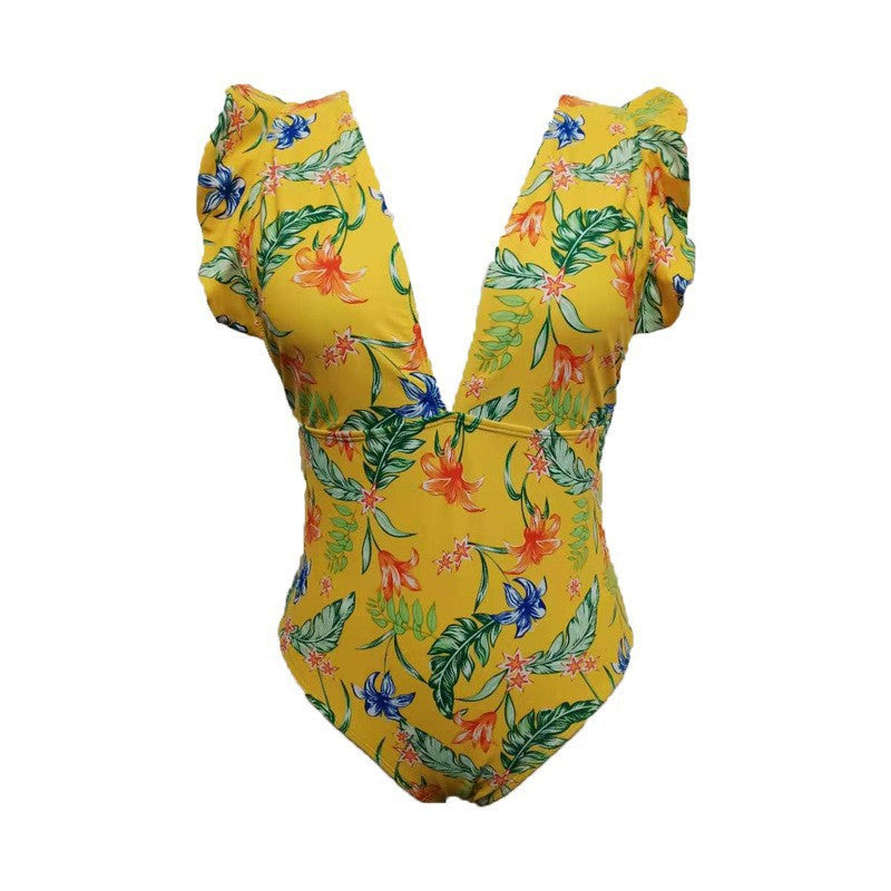 Ladies Elegant One-Piece Swimsuit with Floral Pattern and Voluminous Sleeves StylebySassy