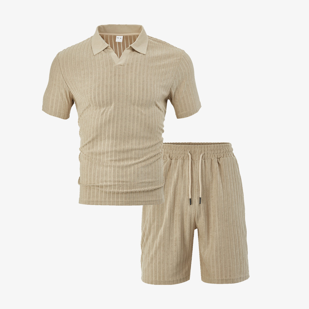 Men's knit lounge ensemble with polo collar V-insert and drawstring bermudas StylebySassy