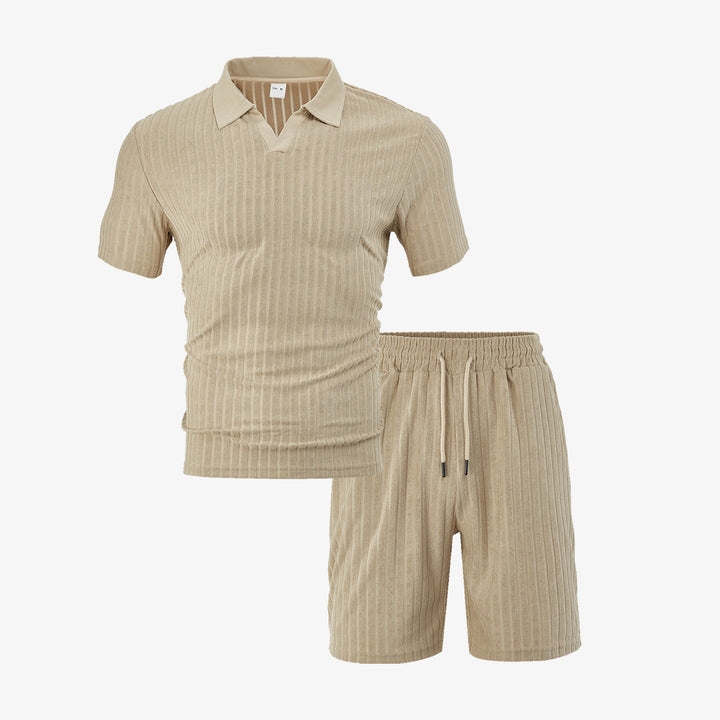 Men's knit lounge ensemble with polo collar V-insert and drawstring bermudas StylebySassy