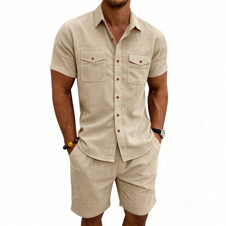 Men's structured cord leisure set with camp collar shirt and casual shorts StylebySassy