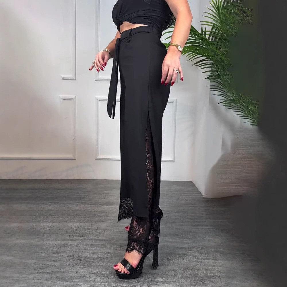 Women high-waisted tailored trousers with side slit, transparent lace underlay and tie belt StylebySassy