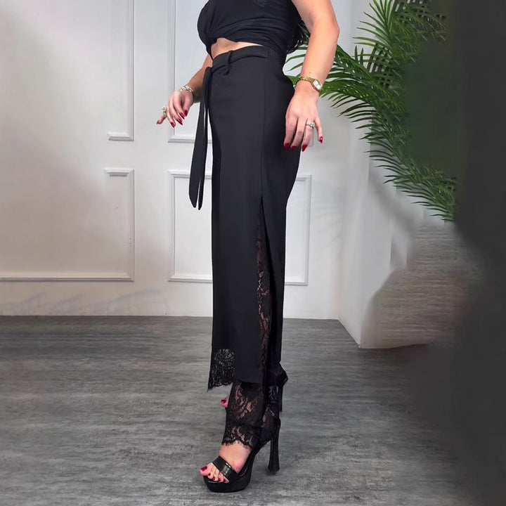 Women high-waisted tailored trousers with side slit, transparent lace underlay and tie belt StylebySassy
