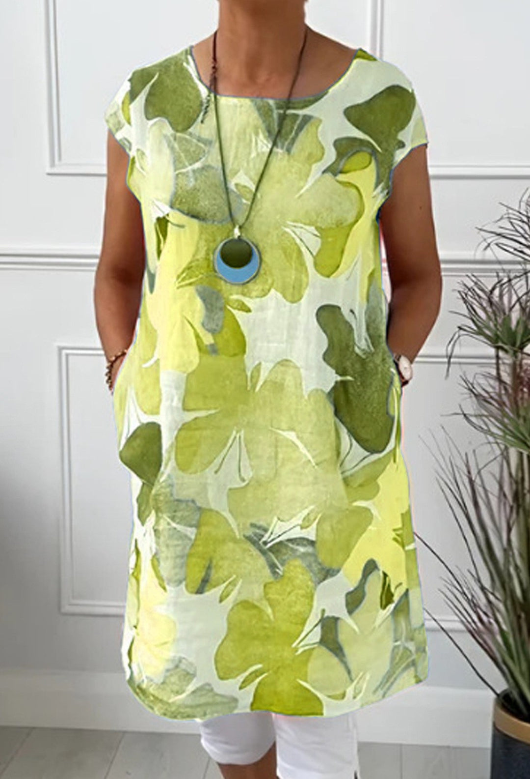 Ladies' airy tunic midi dress made of linen blend with watercolor flower print and side pockets StylebySassy