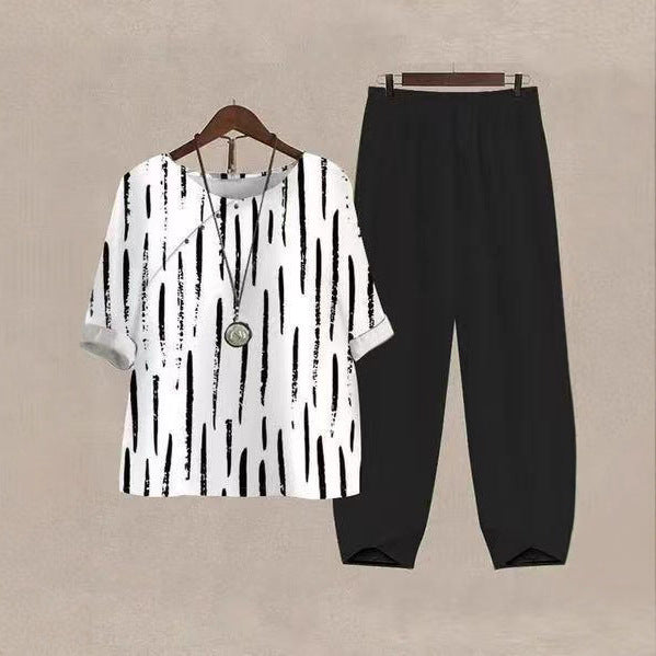Women's oversized shirt with brushstroke pattern, dropped shoulder and elastic comfort pants with drawstring StylebySassy