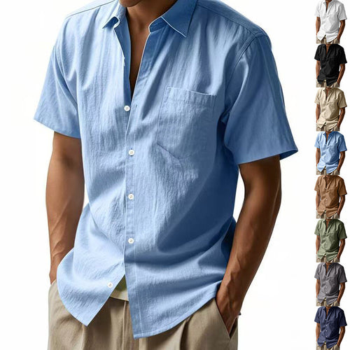 Men's short-sleeved textured shirt made of breathable slub linen with a spread collar, chest pocket, and straight hem StylebySassy