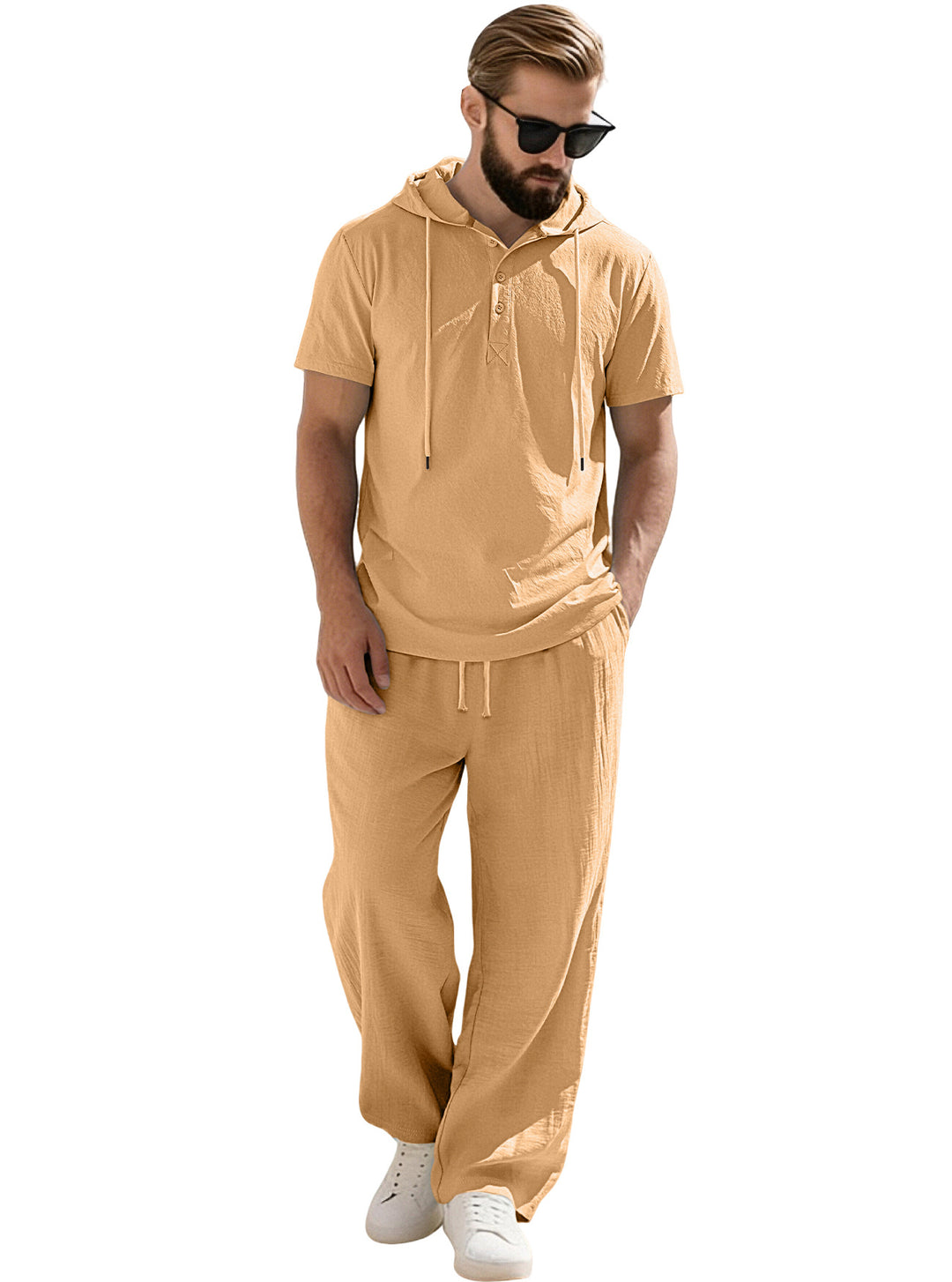 Men's casual short-sleeve hooded shirt in crinkled cotton blend with Henley button placket StylebySassy
