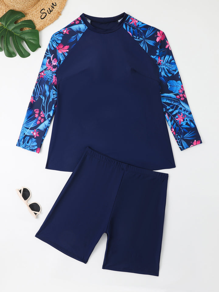 Women's UV Protection Surf Suit Set with Long Sleeves and Colorful Leaf Pattern StylebySassy