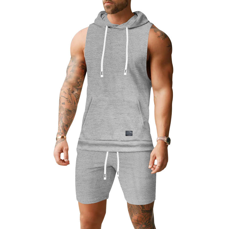 Men's sleeveless hoodie vest set made of textured cotton blend with kangaroo pocket and drawstring shorts StylebySassy