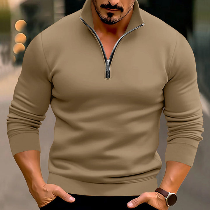 Men's fitted fine knit pullover with short zipper and stand-up collar StylebySassy