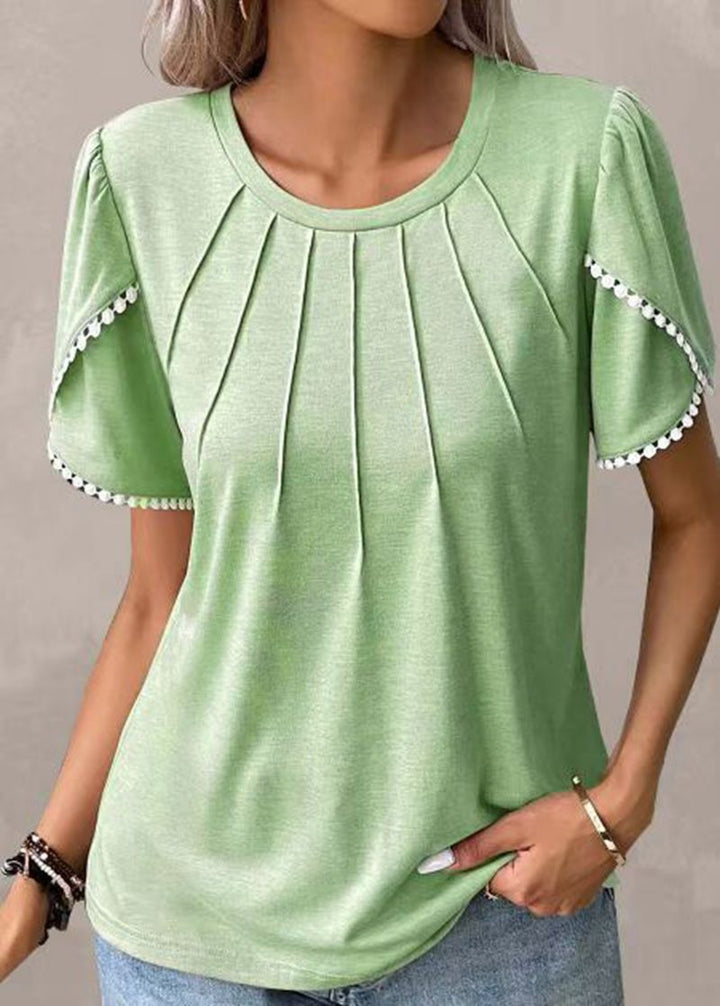 Women's round neck shirt with decorative pleated front, flutter sleeves and pompom trim StylebySassy