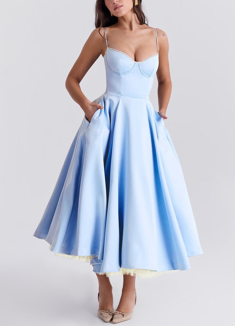 Women's tailored retro-inspired midi dress with corset underbust seams, flared skirt, and side pockets StylebySassy