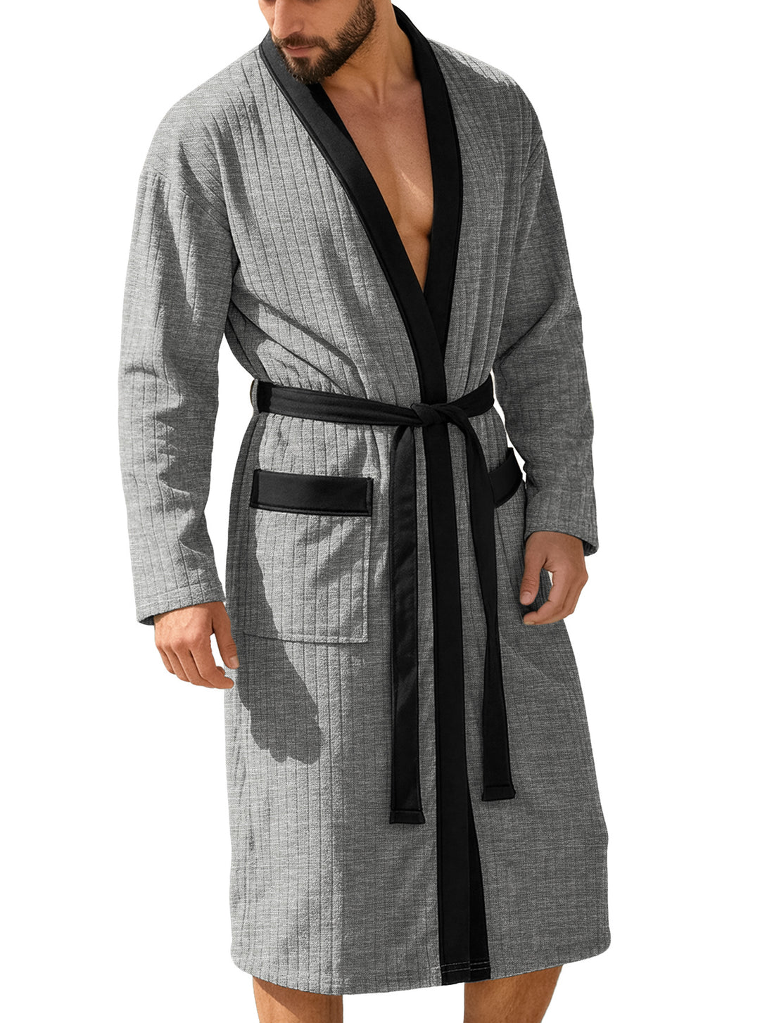 Men's knee-length ribbed kimono-style bathrobe with shawl collar and contrast piping StylebySassy