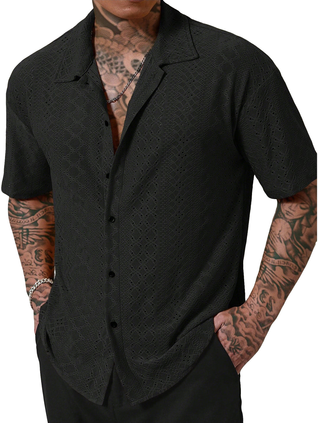 Men's short-sleeve casual shirt with openwork embroidery, lapel collar and relaxed fit StylebySassy
