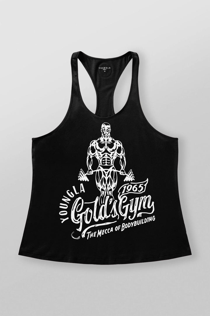 Men's nan athletic Stringer tank top backless cut with contrast piping and strength sports motif StylebySassy
