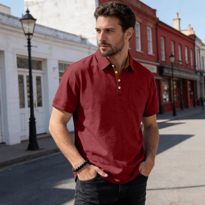 Men's short sleeve polo collar shirt made of textured jersey with chest pocket and contrasting button placket StylebySassy