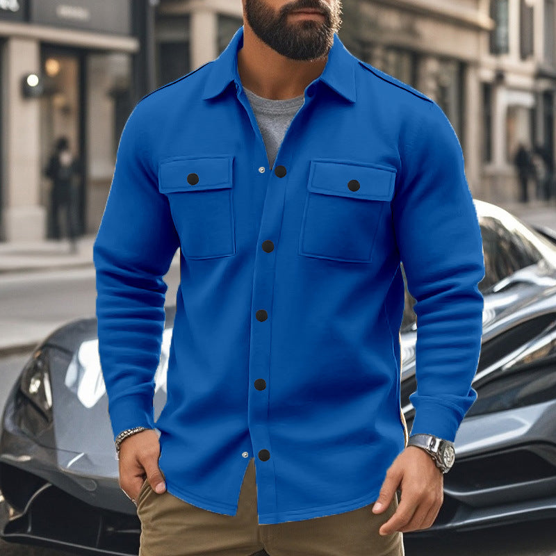 Men's fashionable overshirt jacket in felt look with patch breast pockets and visible snap button placket StylebySassy