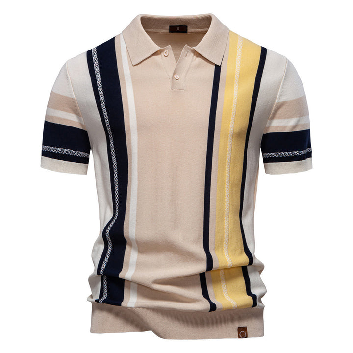 Men's retro-inspired knit polo with vertical intarsia structure and open kent collar StylebySassy