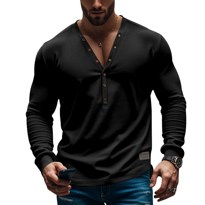 Men's tailored long-sleeve Henley shirt with deep V-neck and reinforced placket StylebySassy