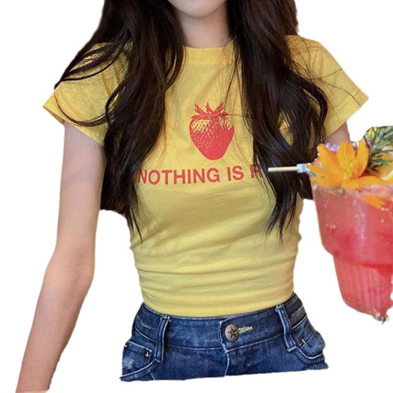 Women Creative Graphic T-Shirt with Strawberry Motif StylebySassy
