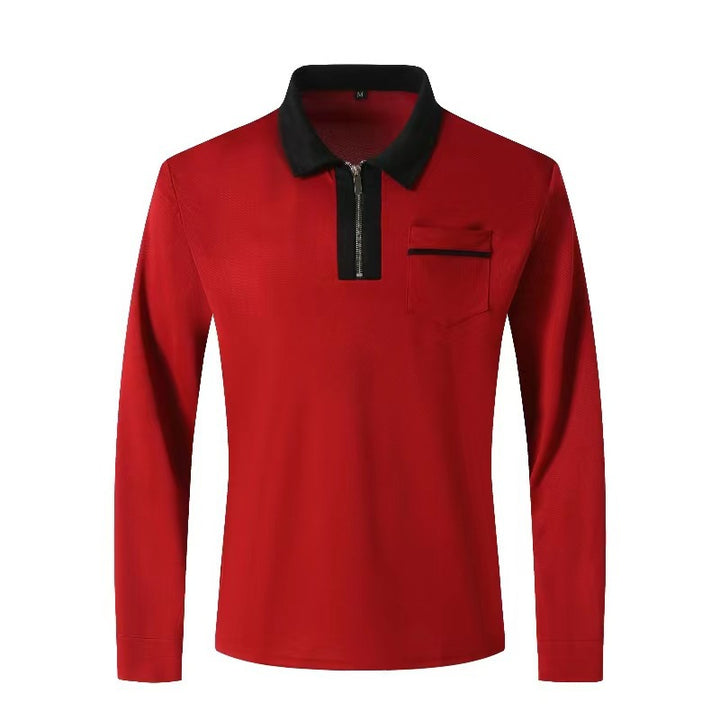Men's elegant long-sleeve polo shirt with distinctive stand-up collar metal short zip and chest pocket StylebySassy