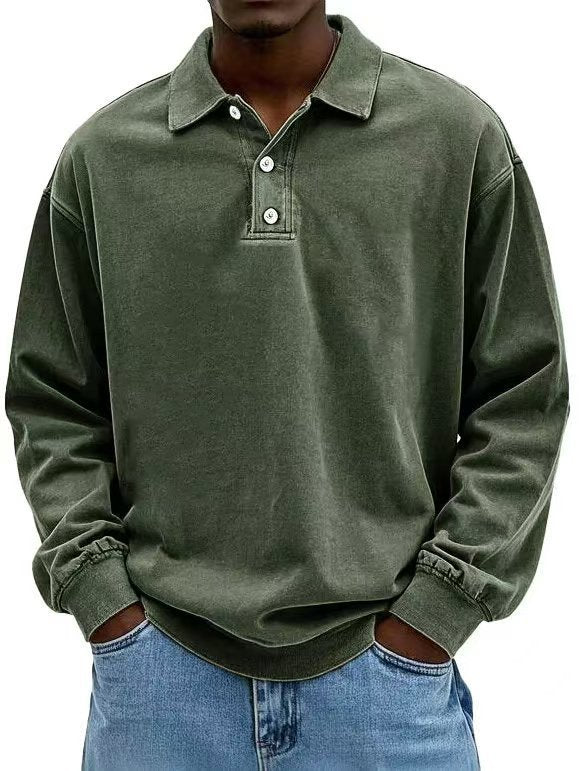 Men's casual polo shirt sweatshirt with collar, vintage wash and three-piece button placket StylebySassy