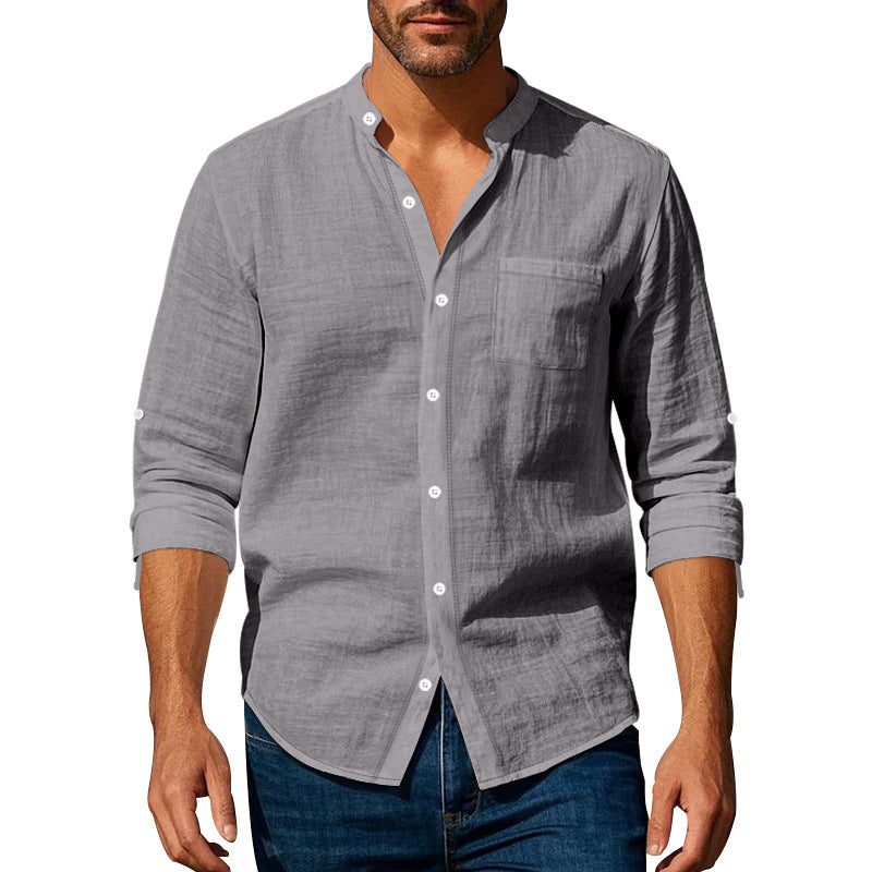 Men's linen-cotton shirt with stand-up collar, roll-up sleeves, and chest pocket StylebySassy