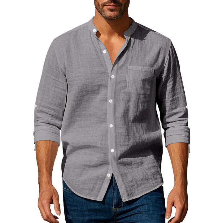 Men's linen-cotton shirt with stand-up collar, roll-up sleeves, and chest pocket StylebySassy