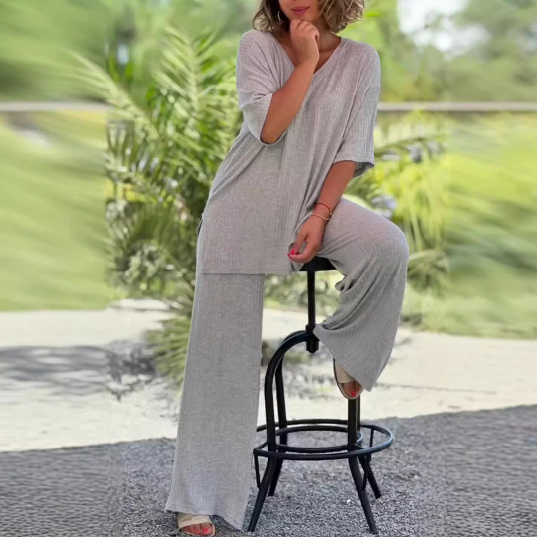 Women's two-piece travel and loungewear set made of soft ribbed jersey with a longline tunic and palazzo pants StylebySassy