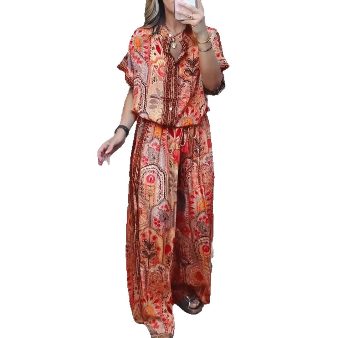 Women's Boho two-piece made of lightweight viscose with short-sleeve blouse, button placket, drawstring waistband, and wide palazzo pants StylebySassy