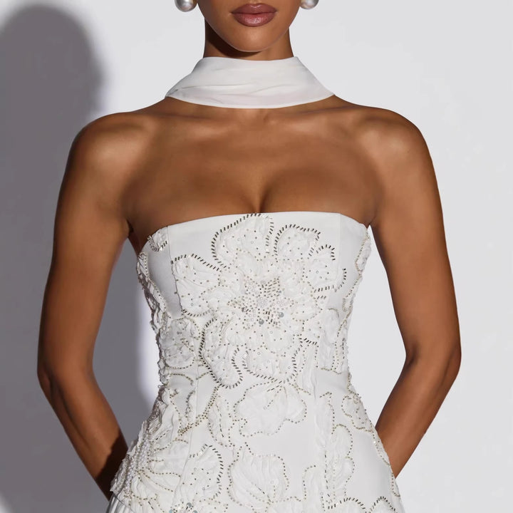 Ladies Strapless Evening Dress with Side Slit and Floral Appliqués StylebySassy